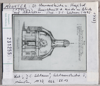 Vorschaubild Münster: Clemenskirche, Querschnitt durch Kirche mit Blick auf den Hochaltar 